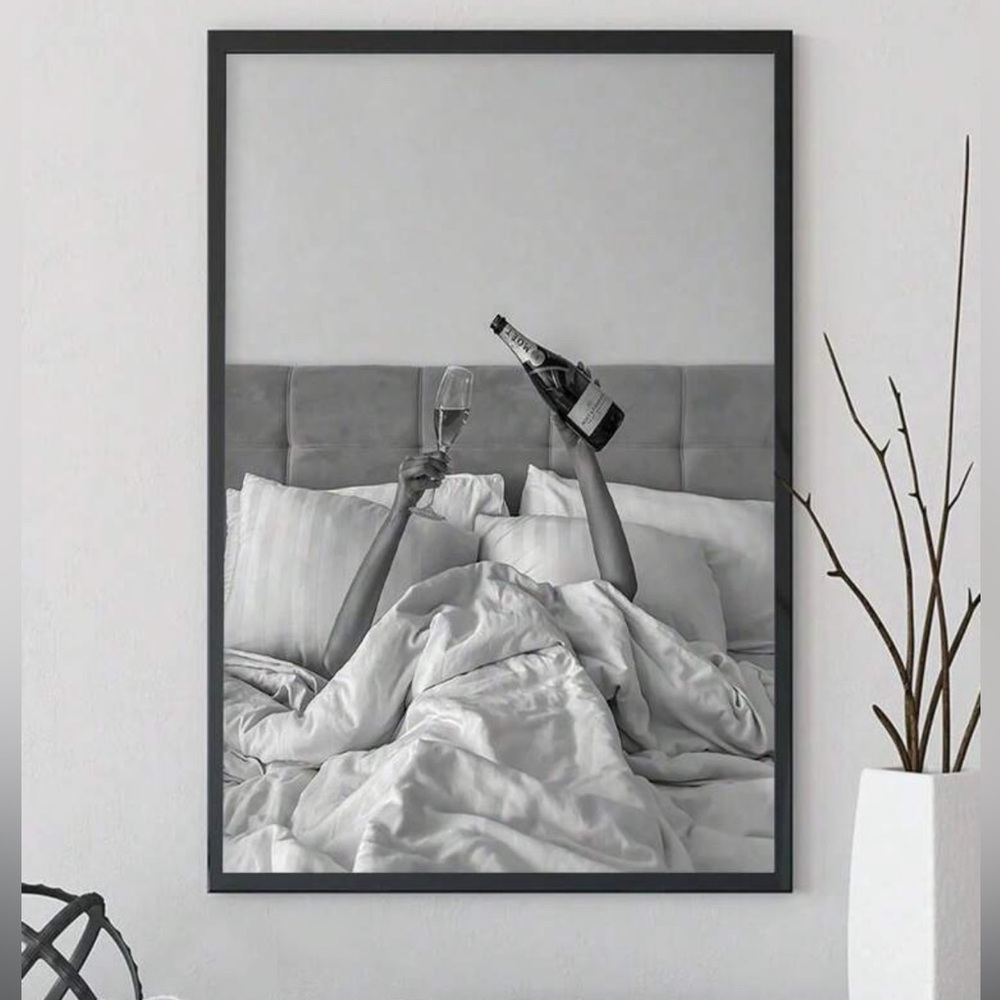 Unframed Black And White Pouring Champagne On Bed Celebrating Canvas Poster